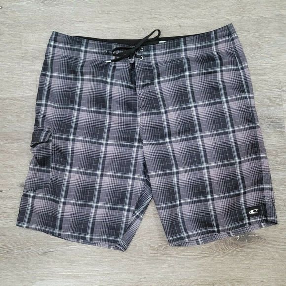 O'Neill Mens 40‎ Grey Black Plaid Boardshorts Surf Swim Wakeboarding Surfing - Picture 1 of 6